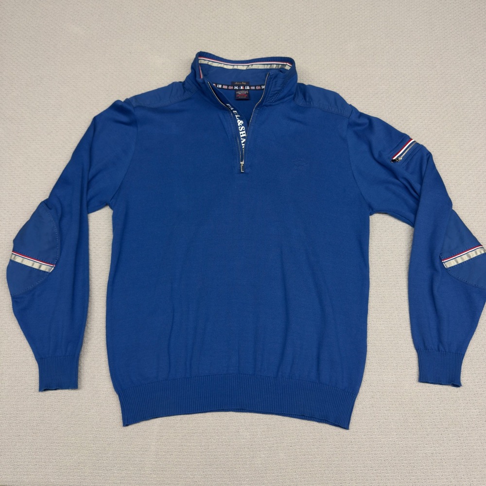 Paul & Shark Yachting Sweater Mens Medium Blue 1/4 Zip Cotton Knit Elbow Patches